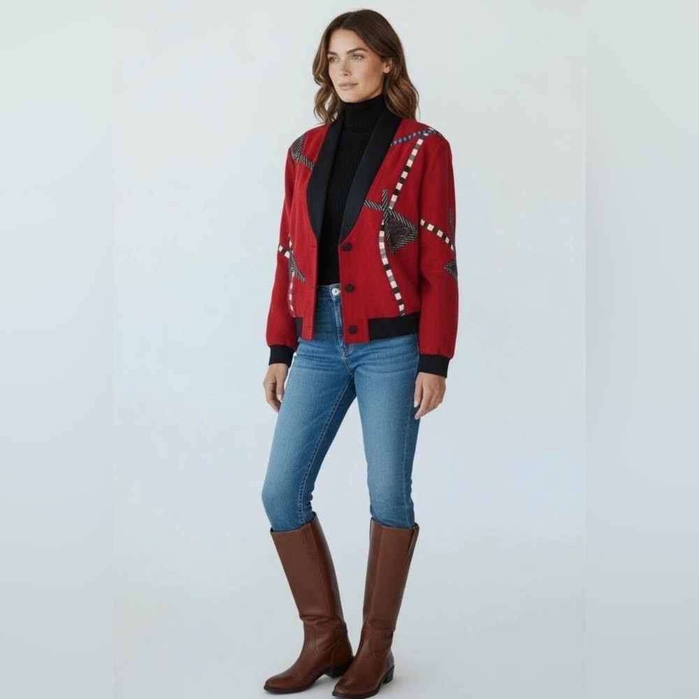 VTG Canvasbacks Equestrian Red Black Lutton &‎ Horsfield Wool Jacket Retro Art S